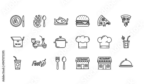 Restaurant web line icons for food delivery cooking meal fast food dining thin line editable stroke vector set