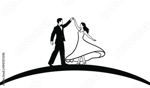 A black silhouette of a man and a woman dancing together gracefully on a curved horizon line curve