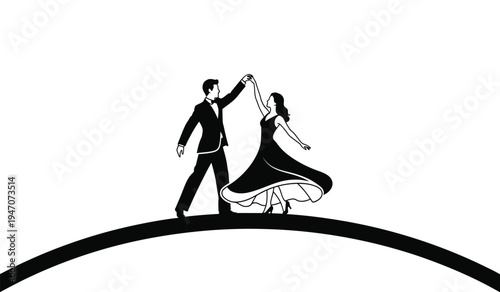 A silhouette of a man and a woman in formal attire gracefully dancing on a curved horizon line