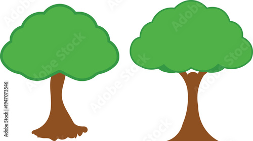Two stylized cartoon trees with brown trunks and vibrant green leafy crowns on a white background