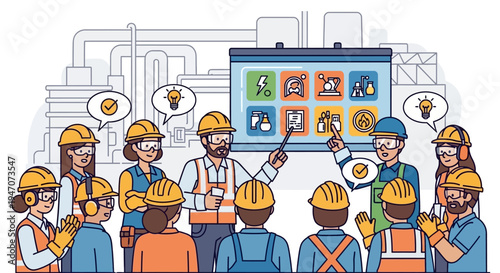 Diverse industrial workforce participating in an interactive safety education program, focusing on essential hazard prevention and workplace best practices training