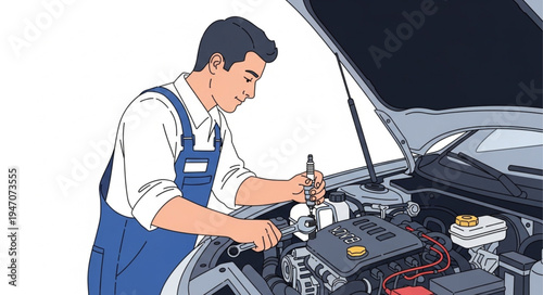 Mechanic repairing car engine.