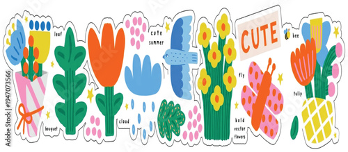 Nature. Naive summer and spring children's bold flower. Vector isolated cute illustrations of a leaf, tulip, bouquet, cloud with rain, bird and butterfly on a transparent background for sticker, print