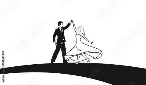 A silhouette illustration of a formal couple dancing together on a curved horizon line landscape