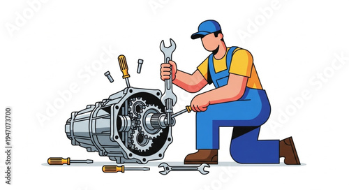 Mechanic repairing car engine.