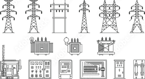 electric power infrastructure icons set, transmission towers transformer substation generator control panel energy grid engineering illustration collection