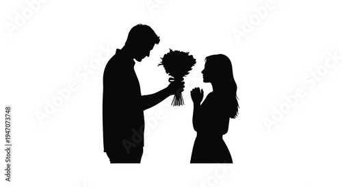 A man presenting flowers to a woman their faces close expressing affection in a darkened scene silhouette