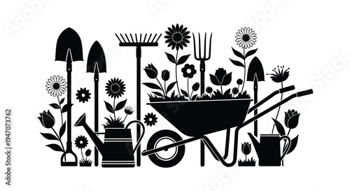 A collection of gardening tools flowers a watering can and a wheelbarrow in black silhouette high quality professional