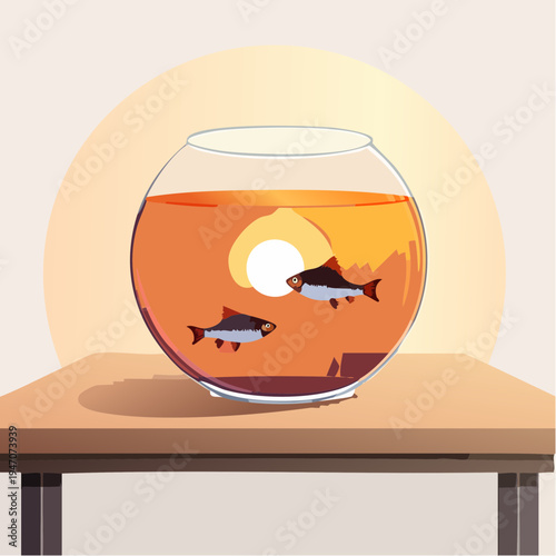 Two fish swimming in a fishbowl with a sunset reflection on the water