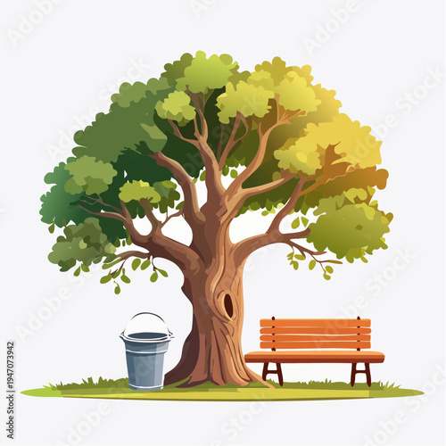 Lush green tree with a bench and bucket on grassy ground