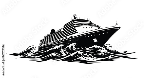 A striking black and white illustration depicts a large cruise ship sailing through choppy waves a dramatic silhouette