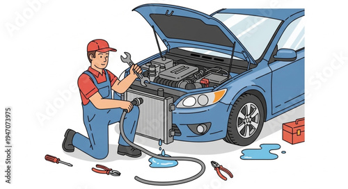 Mechanic repairing car engine.