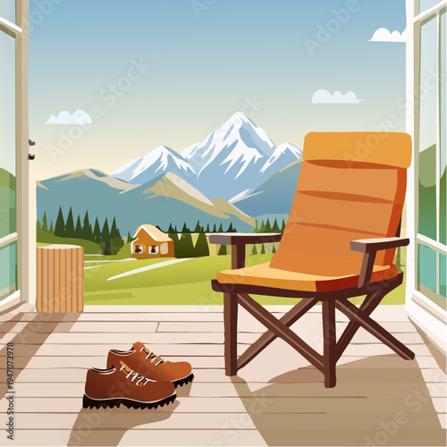 Relaxing Mountain View With Folding Chair and Hiking Boots on Porch