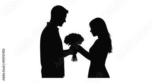 A romantic moment unfolds as a couple exchanges flowers their forms captured in a striking silhouette high quality