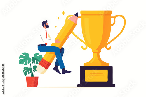 Vector illustration of a focused man using a giant pencil for creative writing and success.