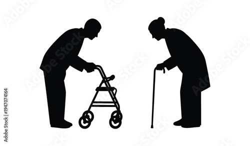 Black silhouette of an elderly man using a walker and an elderly woman leaning on a walking cane