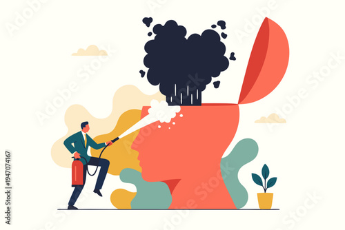 Man in a suit uses a fire extinguisher to put out dark smoke from an open head, symbolizing stress relief or mental clarity. Flat design.