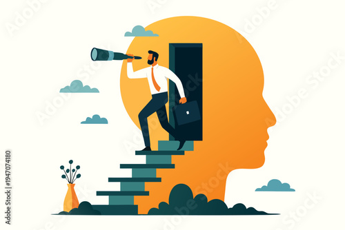 A businessman climbs stairs into a doorway within a profile, using a spyglass to search for future success in this flat design graphic.