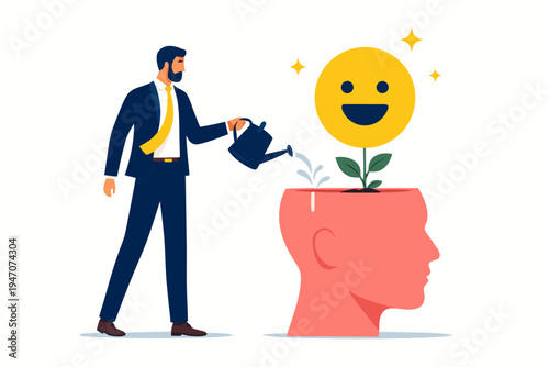 A businessman waters a smiling flower growing from an open head, symbolizing growth, happiness, and mental development. Vector flat design.