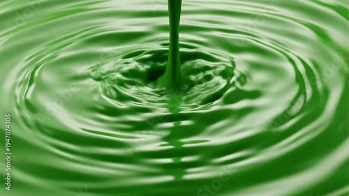 Green liquid drop creating ripples in water.