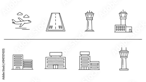 Set of airport icons vector illustration with airplane runway control tower and terminal buildings