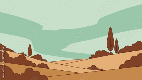 Abstract vector illustration of a serene landscape with rolling hills and stylized trees under a cloudy sky