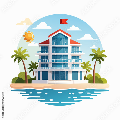 Vibrant illustration of a modern beachfront resort, perfect for a sunny tropical vacation getaway