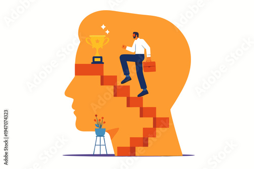 Man with briefcase climbs stairs towards trophy inside a head silhouette, symbolizing achievement and growth. Flat design illustration.