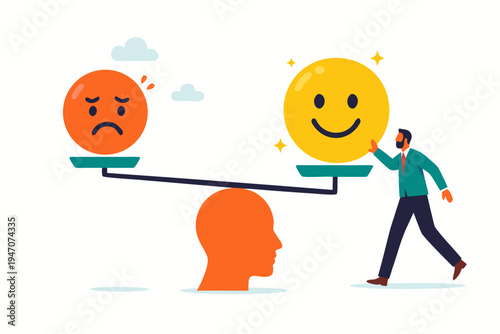 Man balancing emotions on a scale, prioritizing mental health and well-being in a vector graphic illustration.