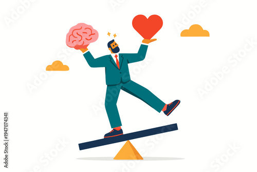 A businessman balances a brain and a heart on a seesaw, representing emotional and intellectual equilibrium in flat design.