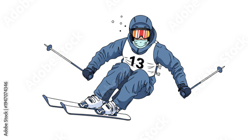 Vector illustration of a skier wearing a mask and goggles during a ski race, concept 6