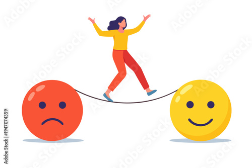 Vector graphic showing a woman balancing emotions on a tightrope between a frowning and smiling face.