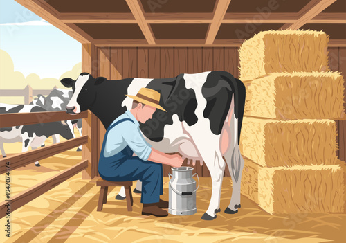 Farm animal vector illustration of a farmer milking a cow in a barn with hay bales