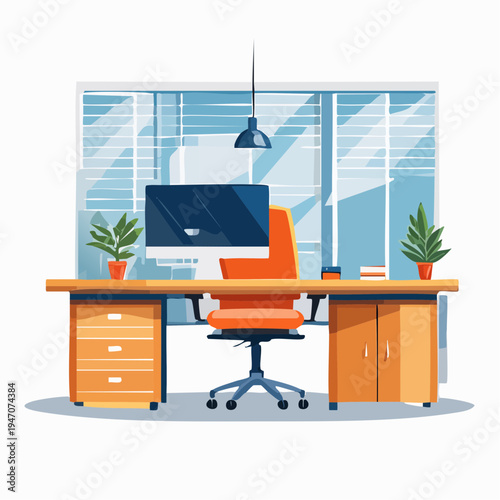 Modern and professional office workstation with a computer, chair, and plants, ready for productivity and remote work environment