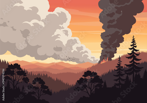 Wildfire vector illustration depicting smoke plumes rising from a forest fire with a warm sunset sky