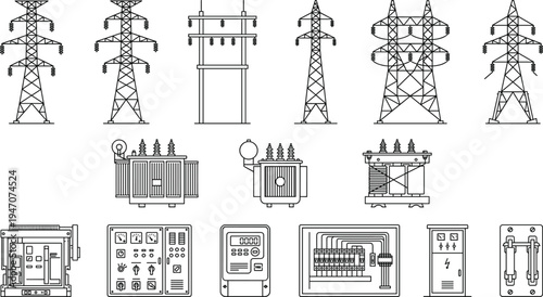 electric power transmission towers transformers control cabinets circuit breakers and energy distribution equipment icons set, electrical infrastructure technology