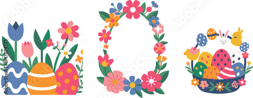 Easter egg floral wreath and spring flowers with colorful decorated eggs festive holiday decoration vector illustration collection design