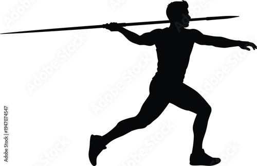 Male javelin throw athlete silhouette isolated on white background, track and field sport action, man throwing spear vector illustration