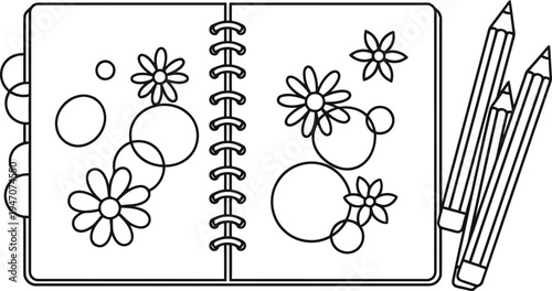 Coloring page vector illustration of floral notebook with pencils for kids and adults