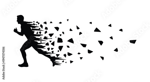 A dynamic illustration depicts a person running seemingly disintegrating into fragmented pieces a striking silhouette high quality professional