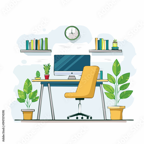 Modern Home Office Setup Illustration with Desk, Computer, Ergonomic Chair, and Potted Plants for Remote Work