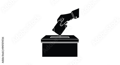 A hand delicately deposits a ballot into a voting box illustrating civic duty and democratic participation silhouette