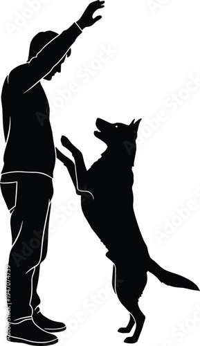Man training dog silhouette isolated on white background, obedient pet behavior concept, owner commanding jumping canine vector illustration