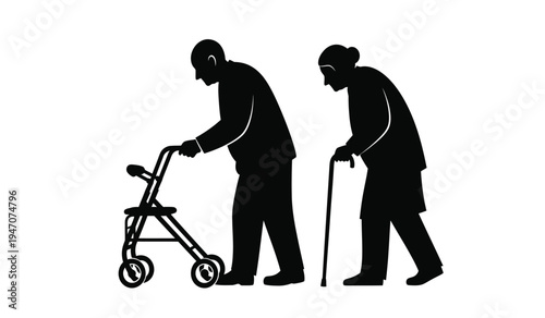 Black silhouette illustration of an elderly man using a walker and a woman walking with a cane