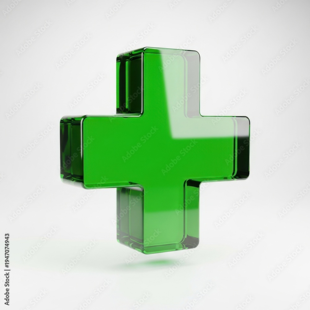Obraz premium Green glass plus sign on white background cross symbol