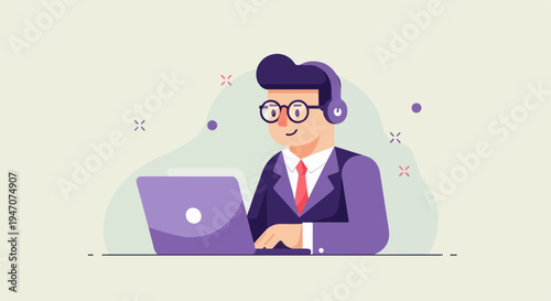 A smiling man in headphones and glasses works on a laptop