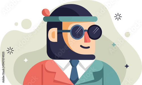 A stylized, flat illustration of a person with a beard and sunglasses