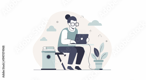 A person sits at a desk with a laptop, books, and a plant, working remotely