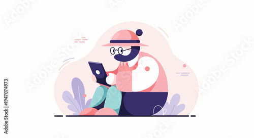 A stylized person with a hat and glasses is using a tablet device
