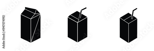 Milk carton and juice box silhouette icon set featuring paper packaging with straw for dairy product and more vector illustration or editable stroke